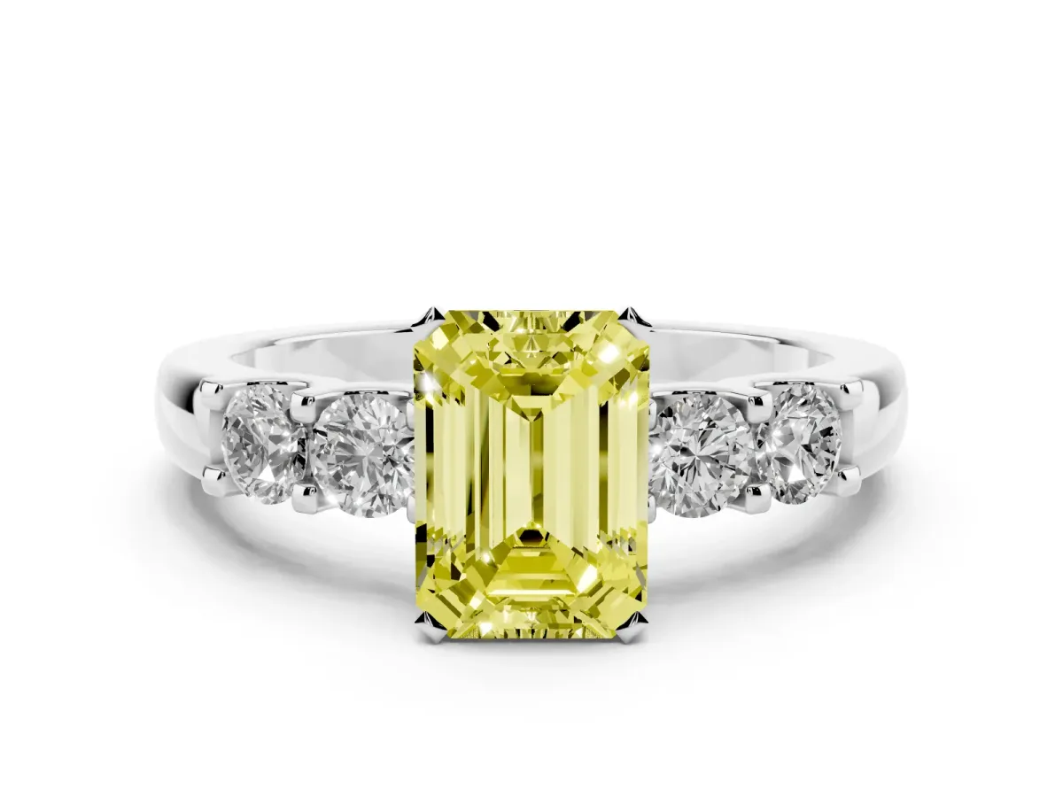 Fancy Yellow Emerald Cut Diamond Five-Stone Prong Set Engagement Ring Set in Silver with Channel Band