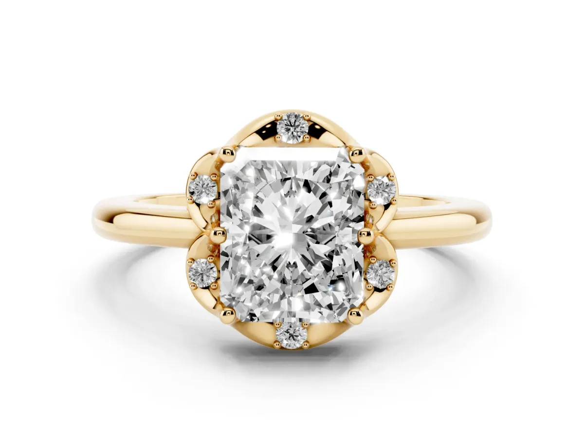 Radiant Cut Diamond Round Cluster Halo Ring Set in Yellow gold with Solitaire Band and Prong Setting