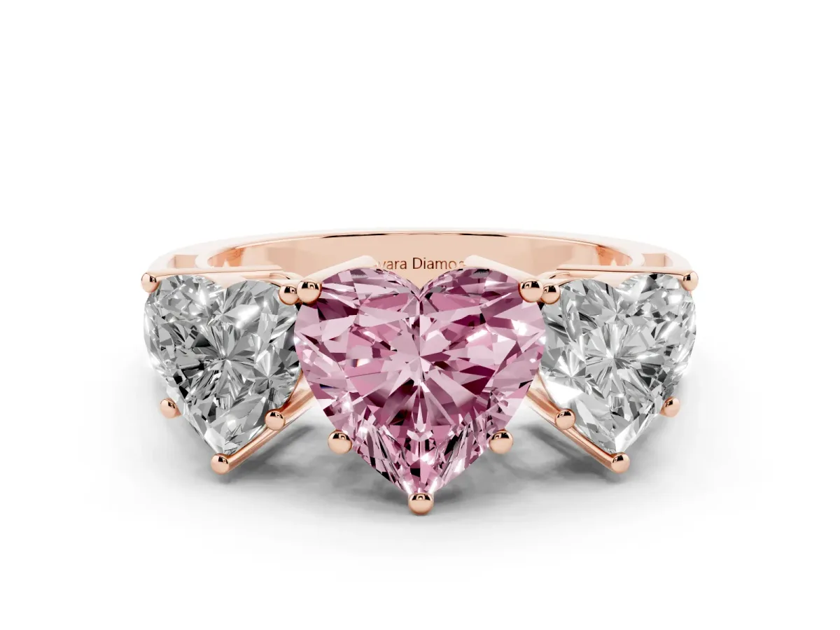 Fancy Pink Heart Cut Diamond Three-Stone Ring Set in Rose gold with Textured Band