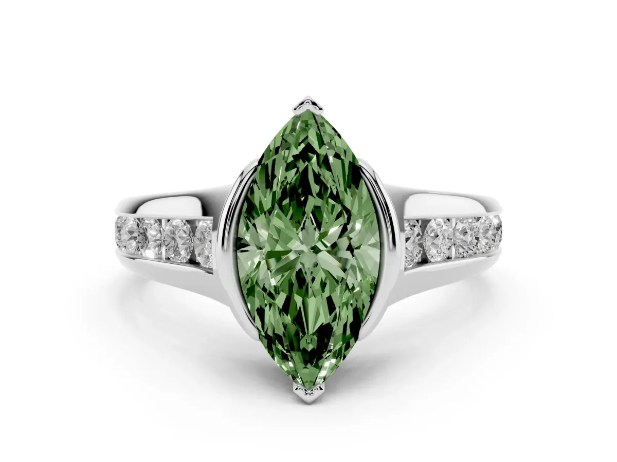 Fancy Green Marquise Cut Diamond Bezel-Set Solitaire Ring Set in Platinum with Channel-Set Band