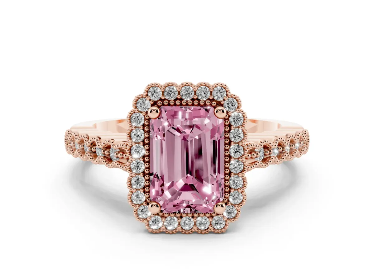 Fancy Pink Radiant Cut Diamond Halo Ring Set in Rose gold with Pavé Milgrain Band