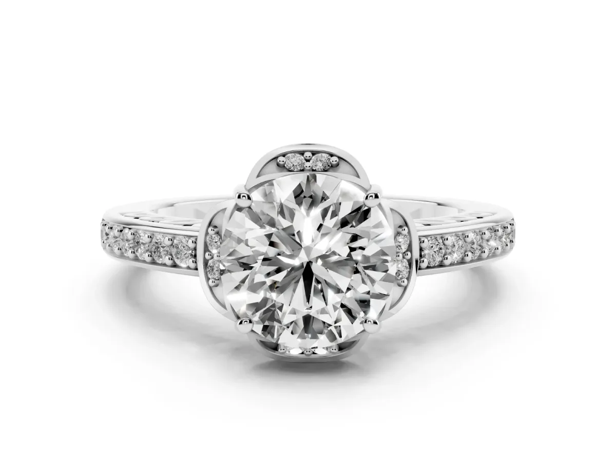 Round Cut Diamond Halo Ring Set in Platinum with Channel Set Band and Prong Setting