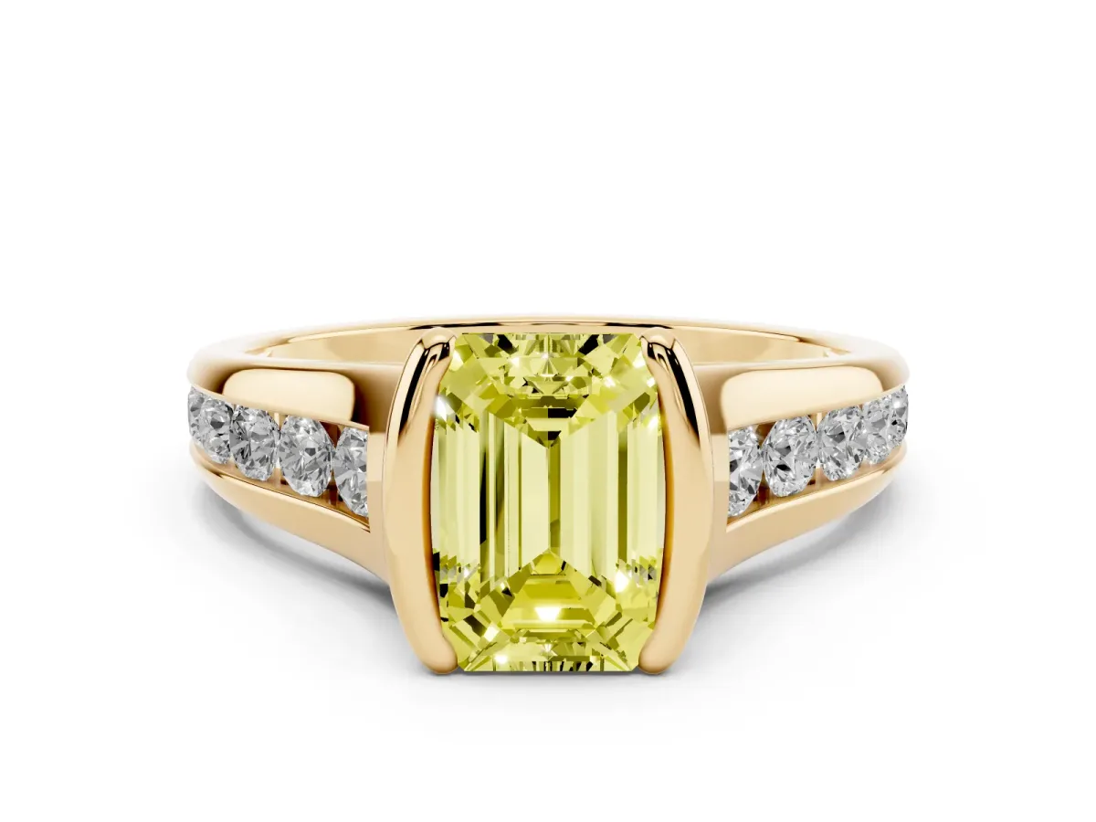 Fancy Yellow Emerald Cut Diamond Bezel-Set Solitaire Ring Set in Yellow gold with Channel-Set Band