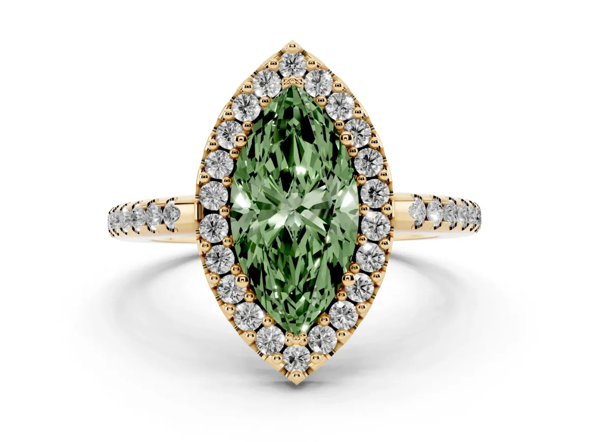 Fancy Green Marquise Cut Diamond Pavé Halo Ring Set in Yellow gold with Prong Setting