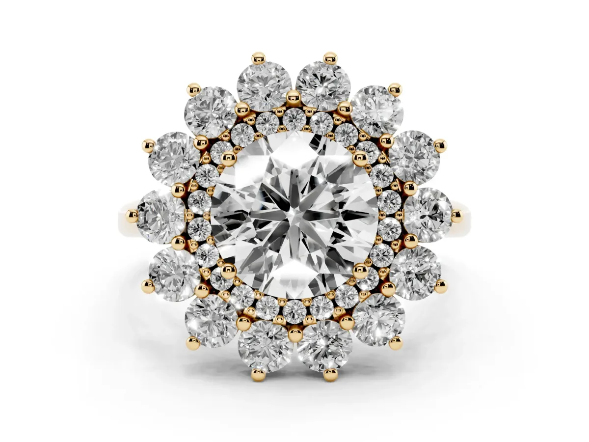 Round Cut Diamond Floral Double Halo Ring Set in Yellow gold with Round Petals