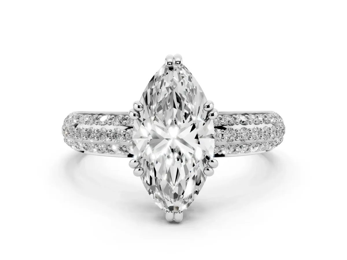 Marquise Cut Diamond Solitaire Ring Set in White gold with Multi-Row Round Pavé Band and Prong Setting