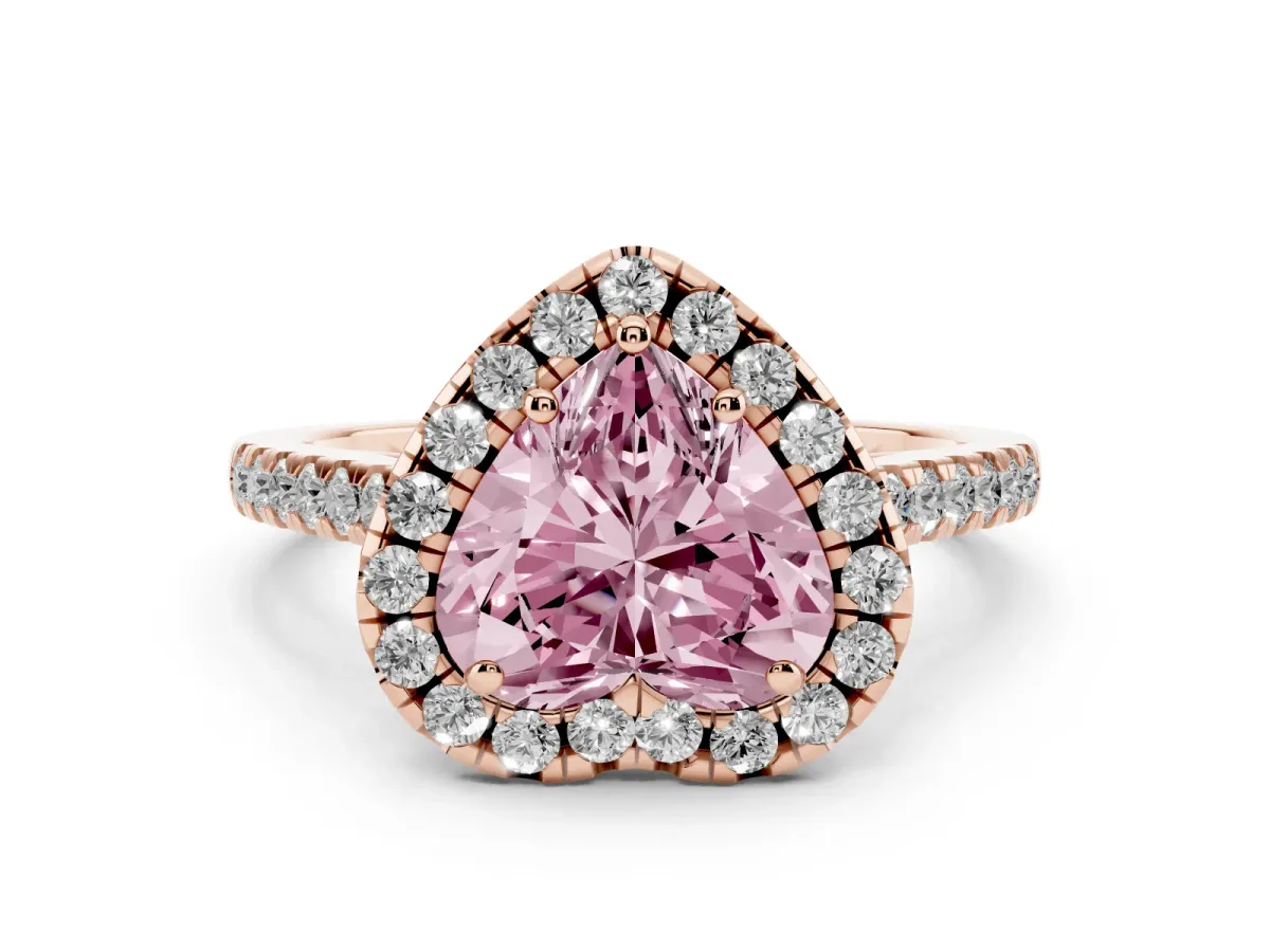 Fancy Pink Heart Cut Diamond Pavé Halo Engagement Ring Set in Rose gold with Pavé Band and Prong Setting
