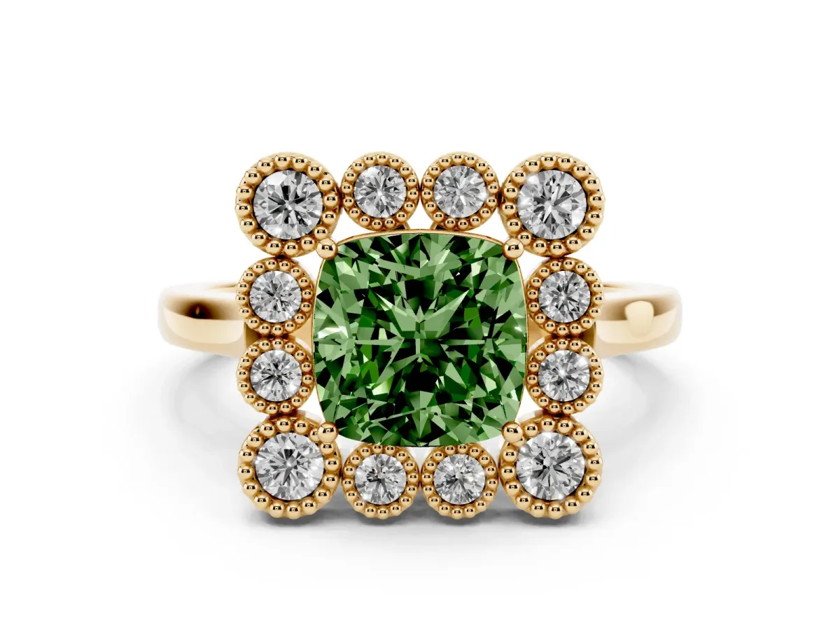 Fancy Green Cushion Cut Diamond Cluster Halo Ring Set in Yellow gold with Milgrain Bezel Accents and Plain Band