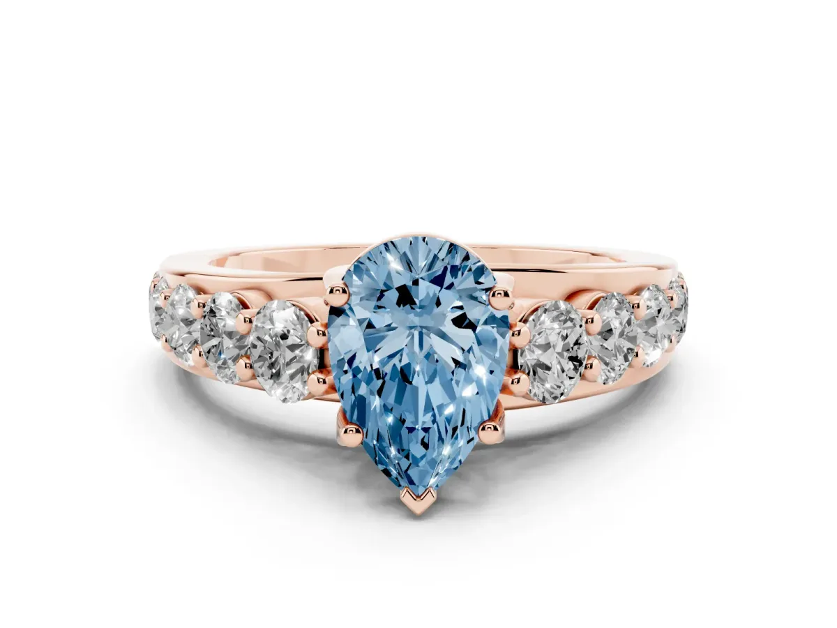 Fancy Blue Pear Cut Diamond Pavé Engagement Ring Set in Rose gold with Prong Setting