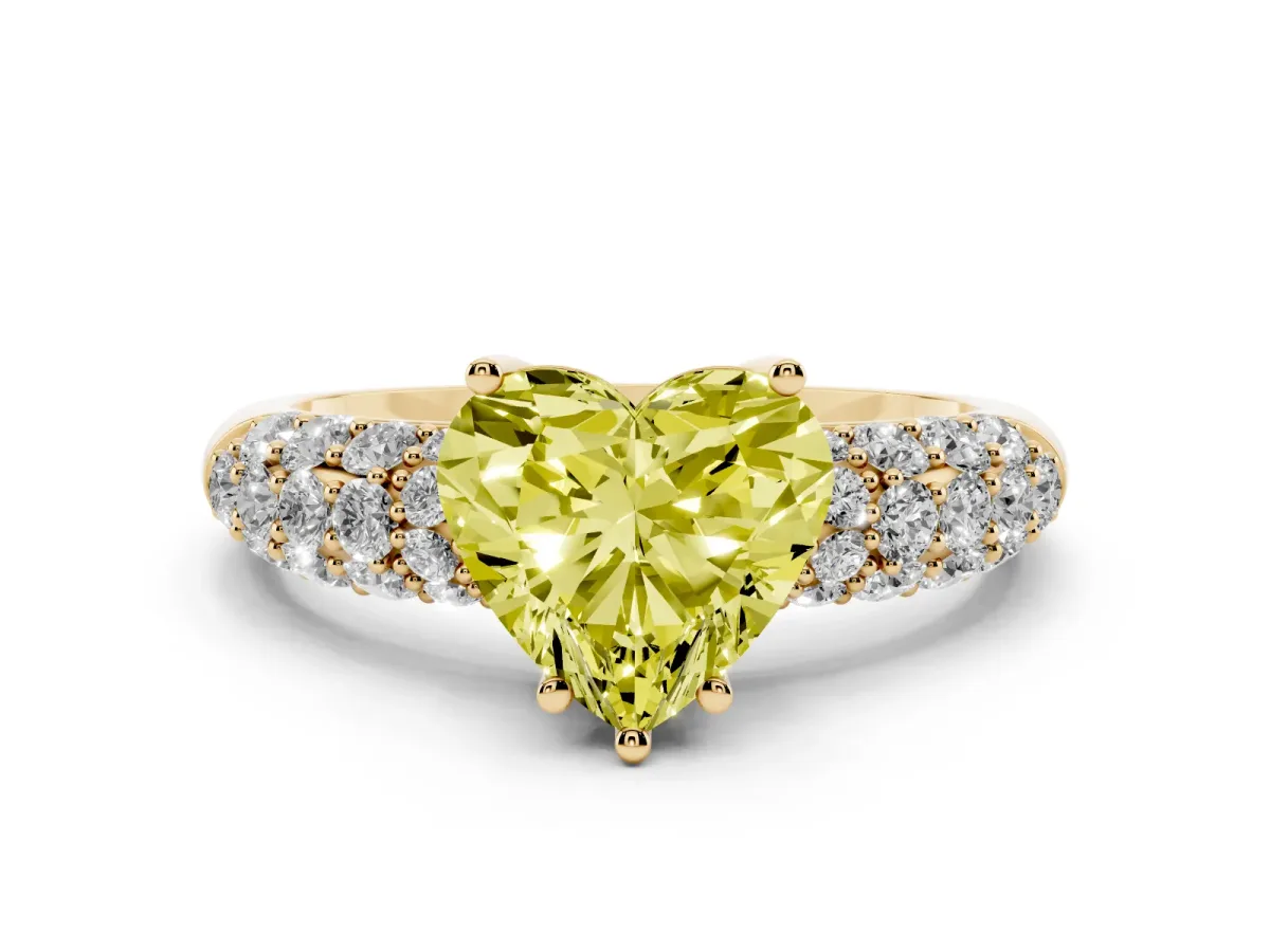 Fancy Yellow Heart Cut Diamond Pavé Band Solitaire Ring Set in Yellow gold with Close-Set Accent Stones and Prong Setting
