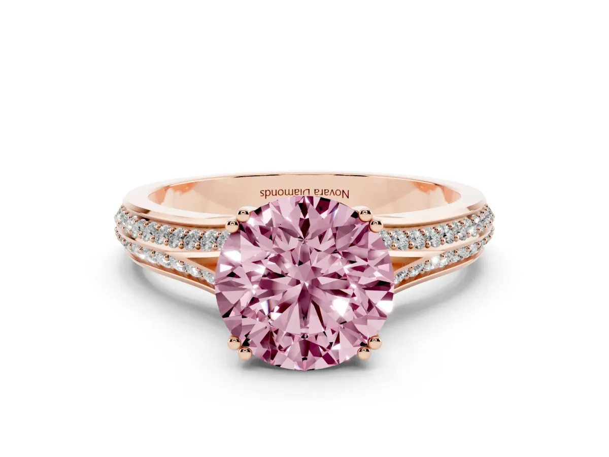 Fancy Pink Round Cut Diamond Split Shank Pavé Engagement Ring Set in Rose gold with Prong-Set Center Stone