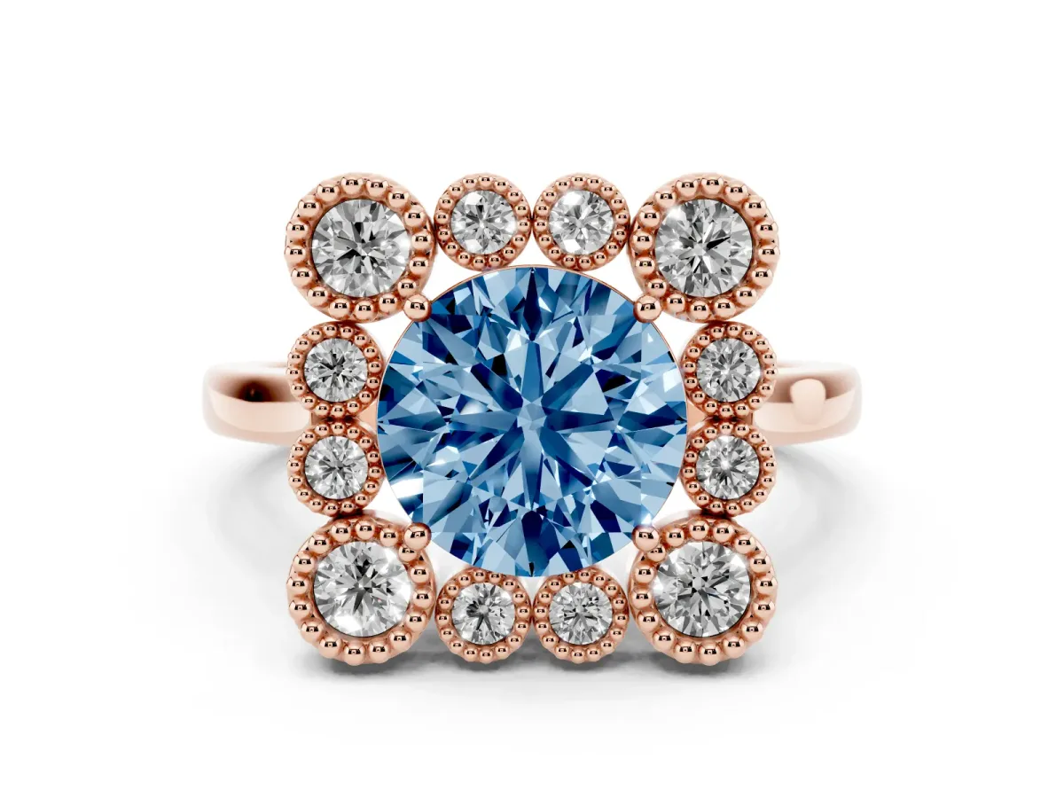 Fancy Blue Round Cut Diamond Cluster Halo Ring Set in Rose gold with Milgrain Bezel Accents and Plain Band