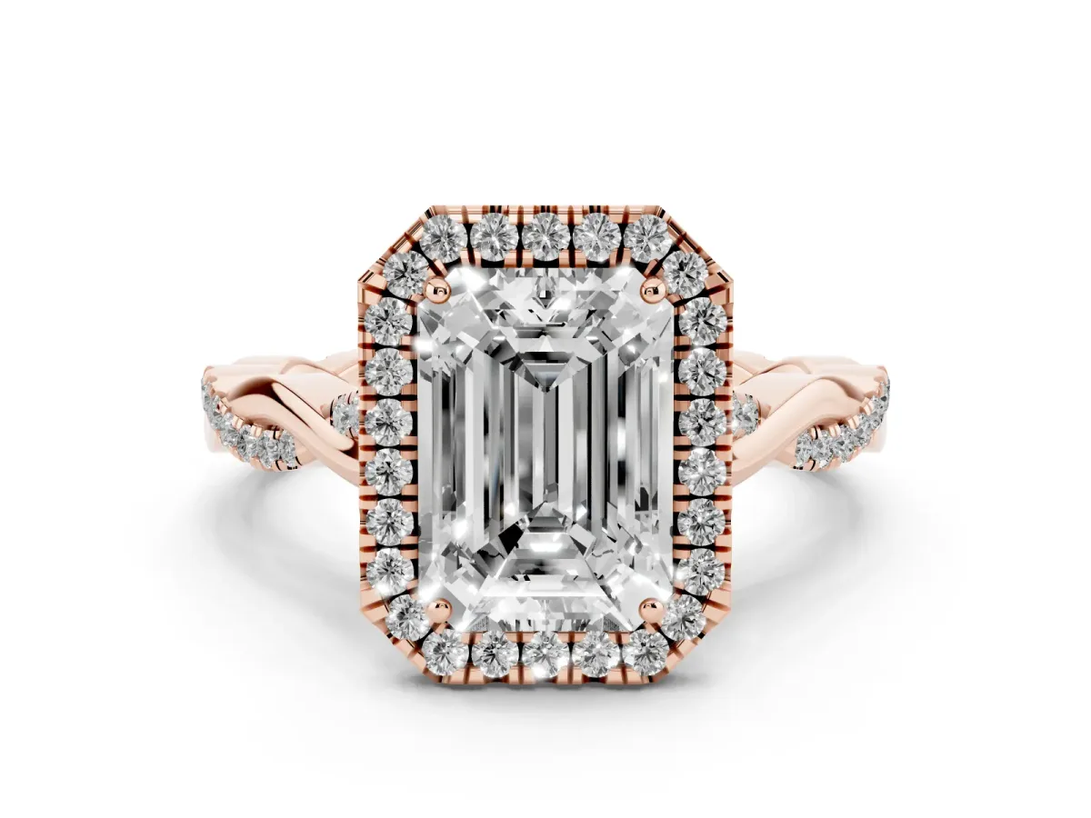 Emerald Cut Diamond Halo Twist Band Solitaire Ring Set in Rose gold with Prong Setting
