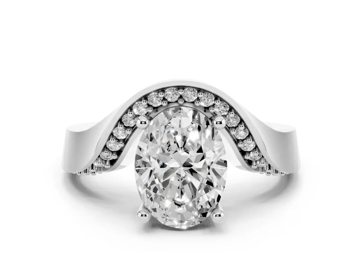 Oval Cut Diamond Solitaire Engagement Ring Set in Silver with Pavé Shoulders