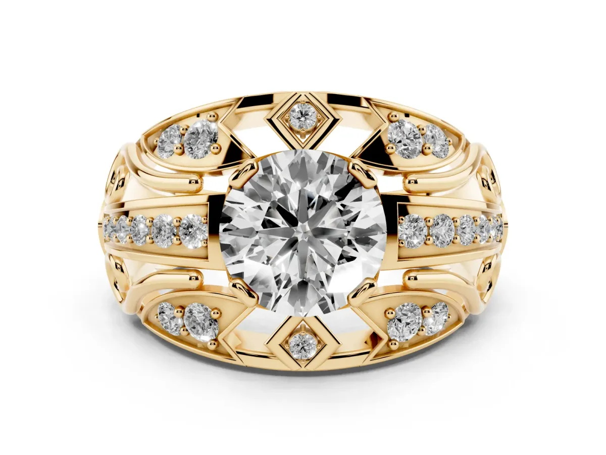Round Cut Diamond Art Deco Ring Set in Yellow gold with Pavé Split Shank