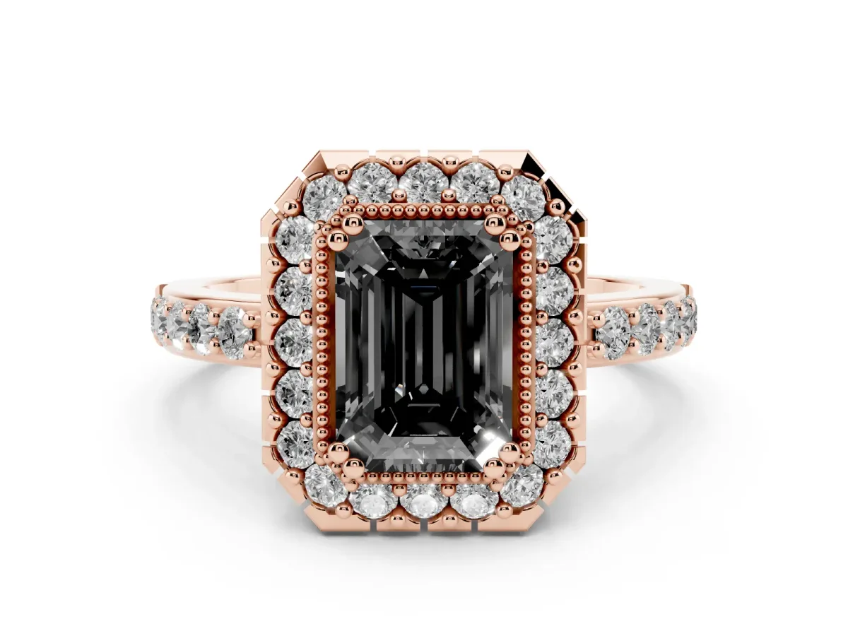 Fancy Black Emerald Cut Diamond Halo Ring Set in Rose gold with Pavé Shank and Prong Setting