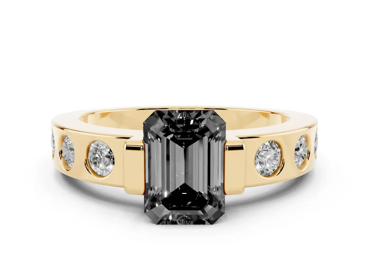 Fancy Black Emerald Cut Diamond Channel-Set Band Ring Set in Yellow gold with Bezel Prong Setting