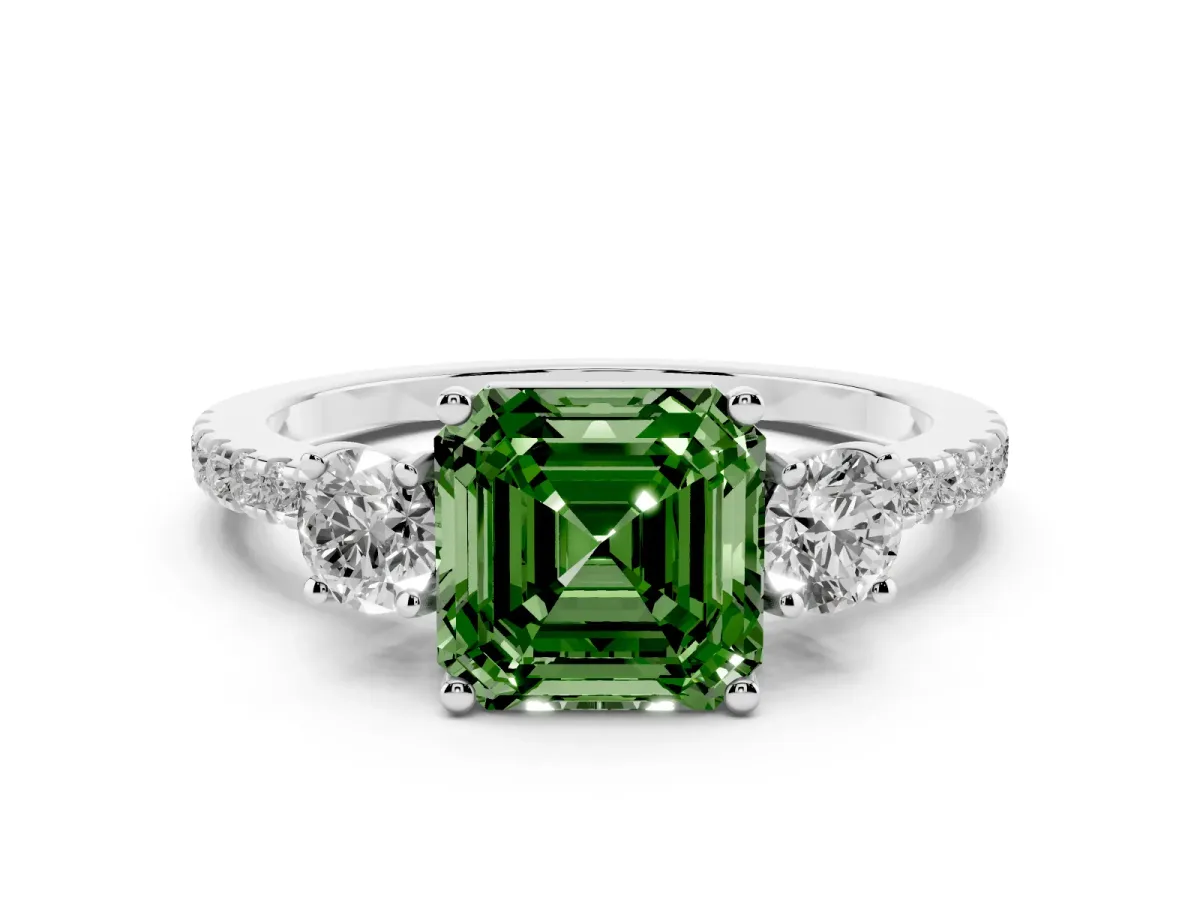 Fancy Green Asscher Cut Diamond Three-Stone Ring Set in Silver with Pavé Band and Graduated Sides