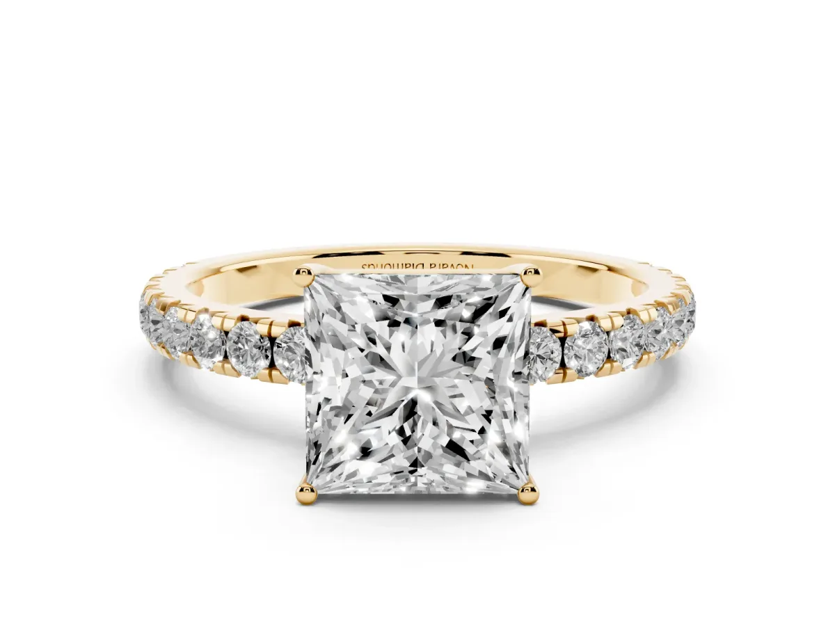 Princess Cut Diamond Pavé Solitaire Engagement Ring Set in Yellow gold with Prong Setting