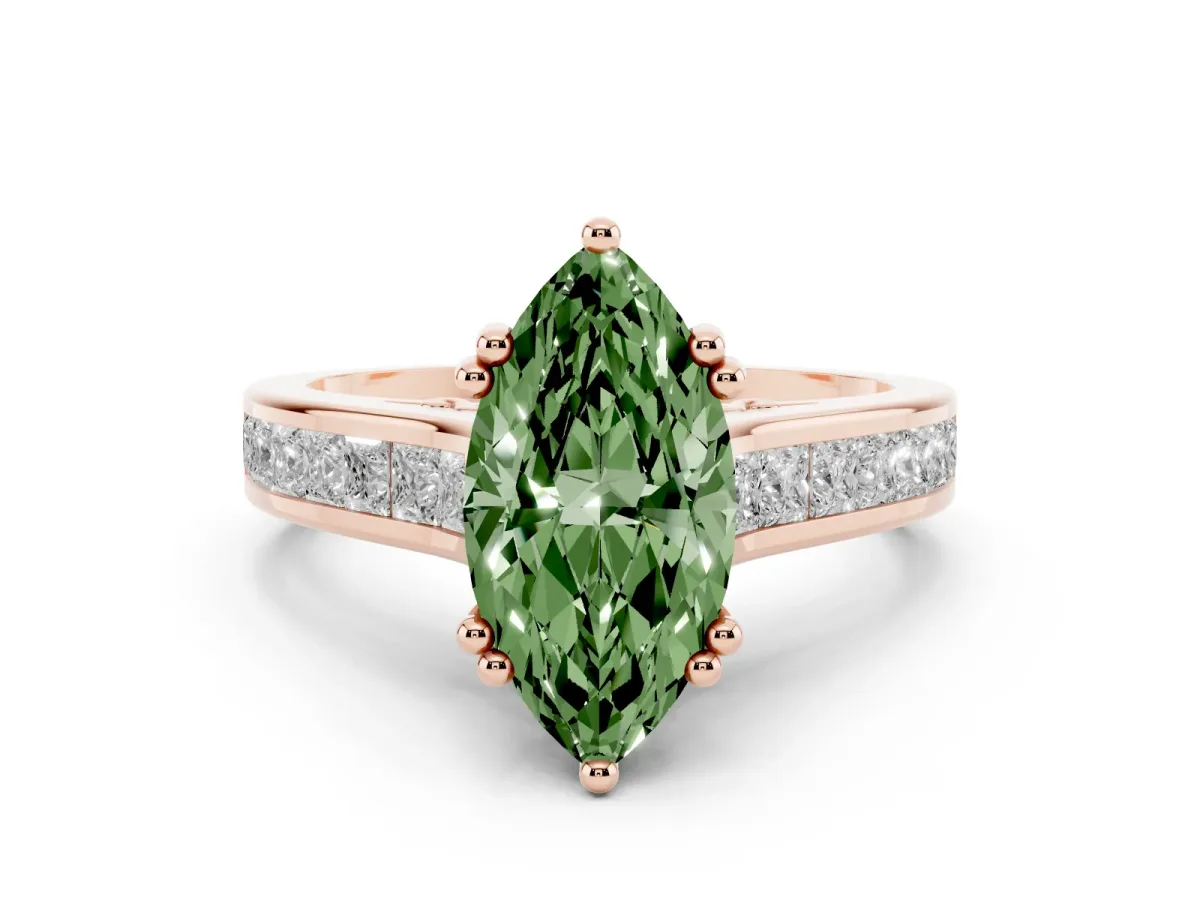 Fancy Green Marquise Cut Diamond Channel Set Solitaire Engagement Ring Set in Rose gold with Prong Setting