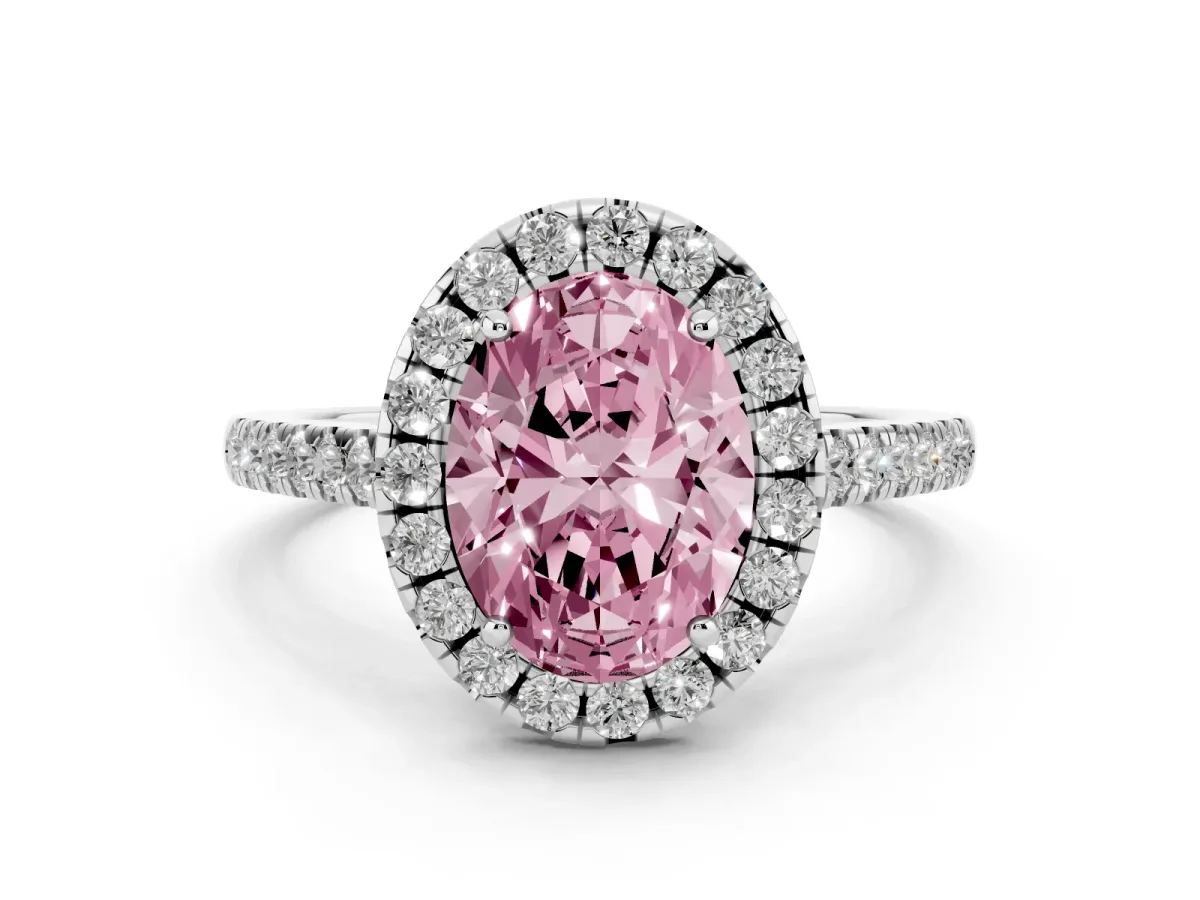 Fancy Pink Oval Cut Diamond Pavé Halo Engagement Ring Set in Platinum with Pavé Band and Prong Setting