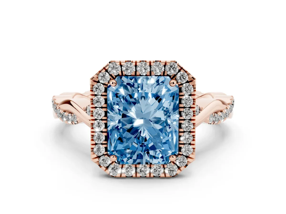 Fancy Blue Radiant Cut Diamond Halo Twist Band Solitaire Ring Set in Rose gold with Prong Setting
