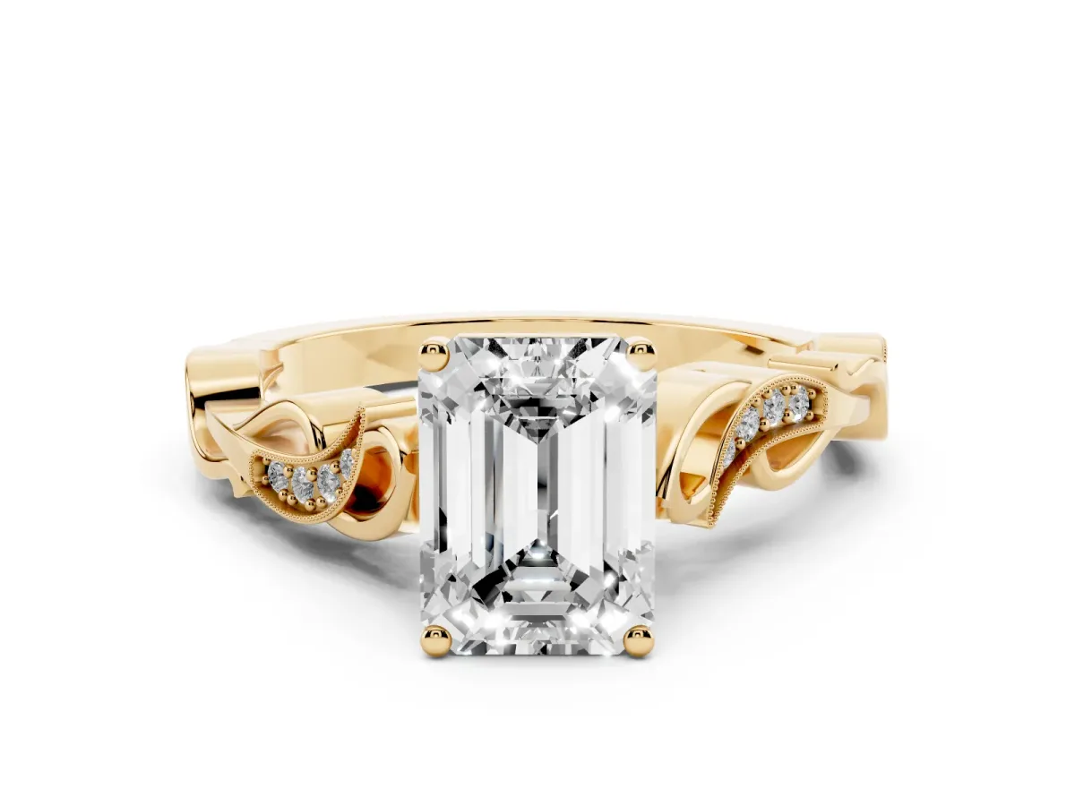Emerald Cut Diamond Vine Band Solitaire Ring Set in Yellow gold with Milgrain Prong Setting