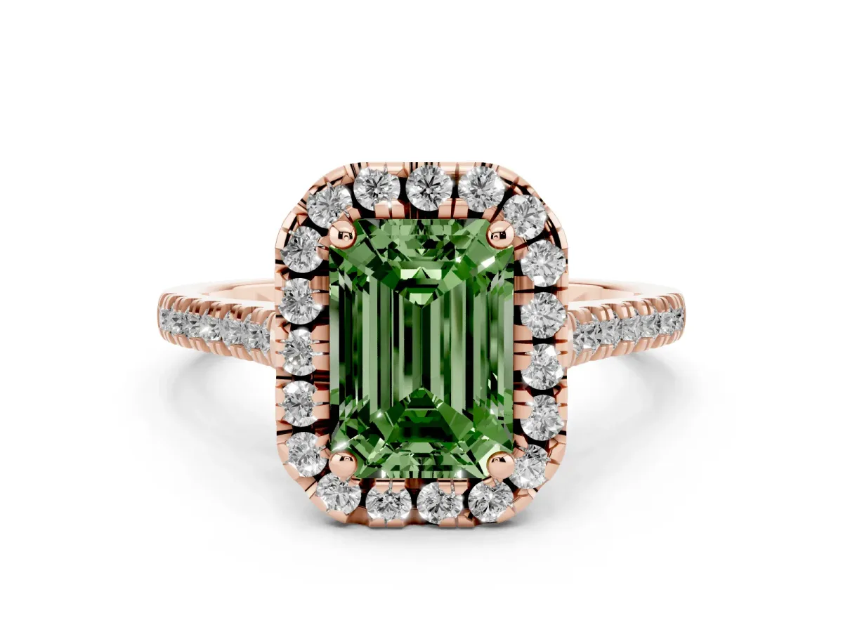 Fancy Green Emerald Cut Diamond Cushion Halo Ring Set in Rose gold with Pavé Band