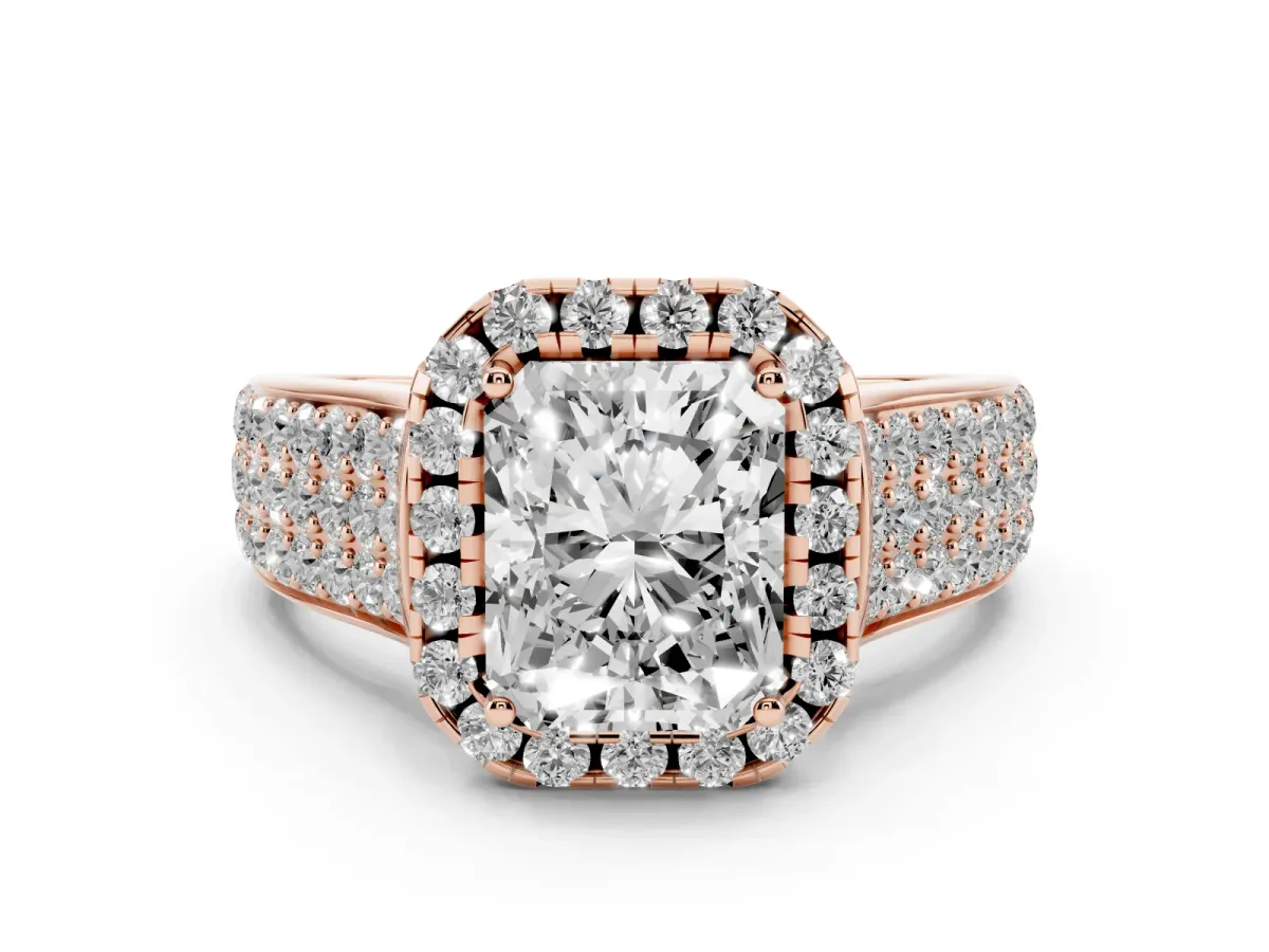 Radiant Cut Diamond Halo Ring Set in Rose gold with Pavé Band and Raised Center Setting