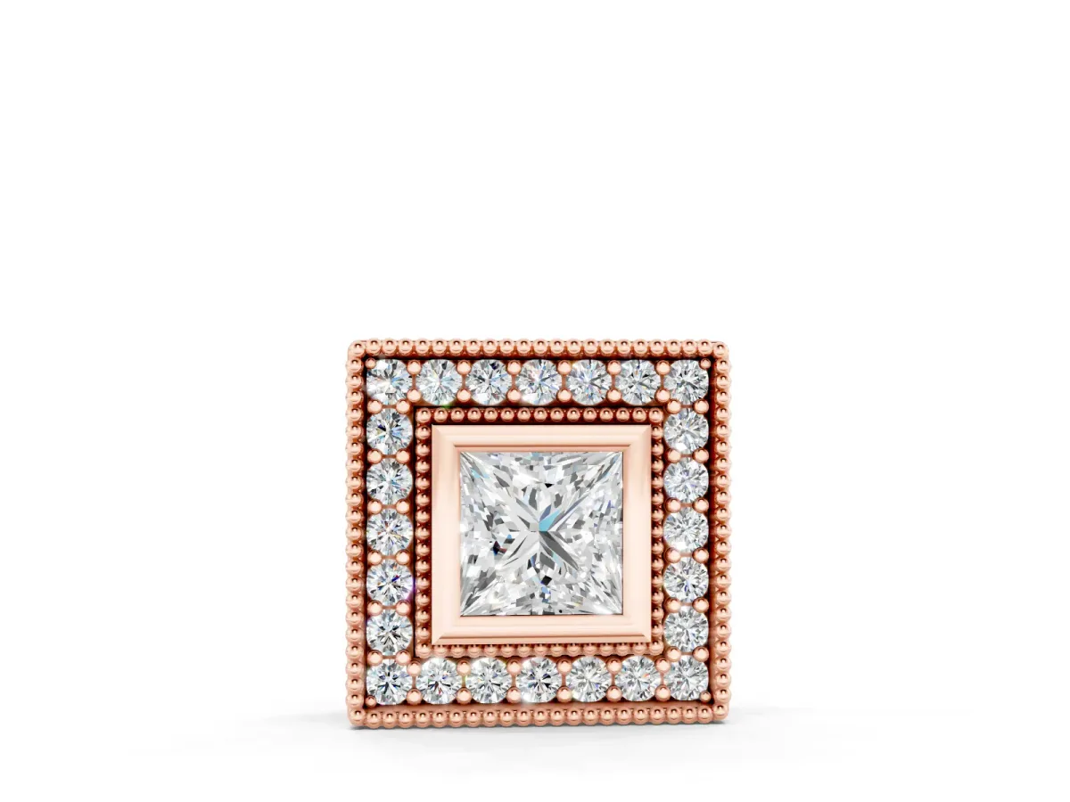 Princess Cut Square Halo Pendant Set in Rose gold with Bezel Setting and Side Detail