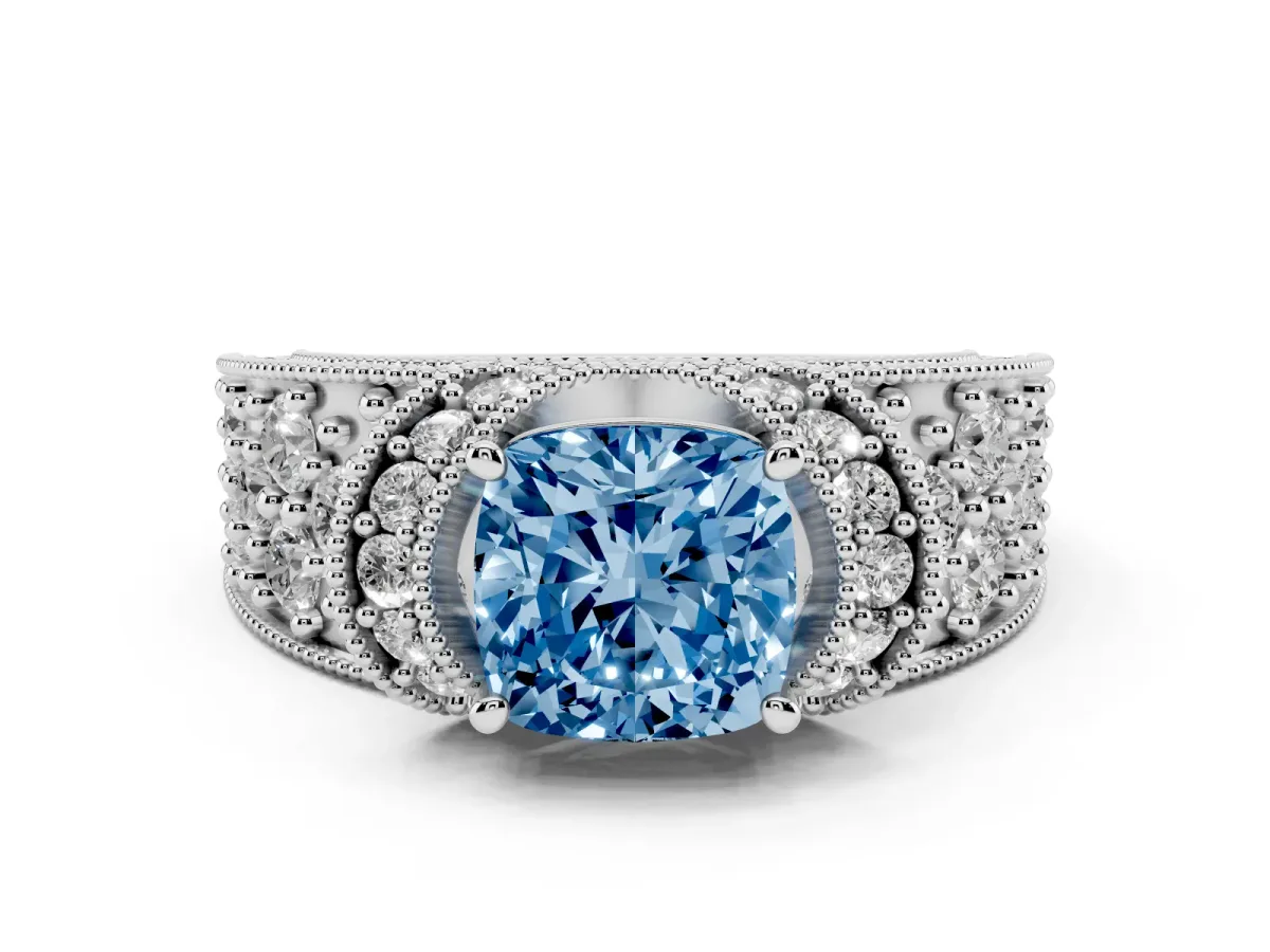 Fancy Blue Cushion Cut Diamond Milgrain Halo Pavé Engagement Ring Set in White gold with Prong Setting