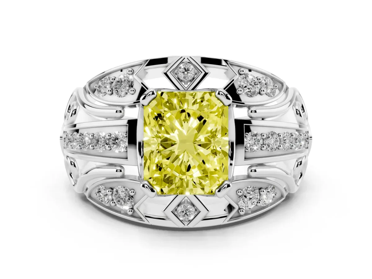 Fancy Yellow Radiant Cut Diamond Art Deco Ring Set in White gold with Pavé Split Shank