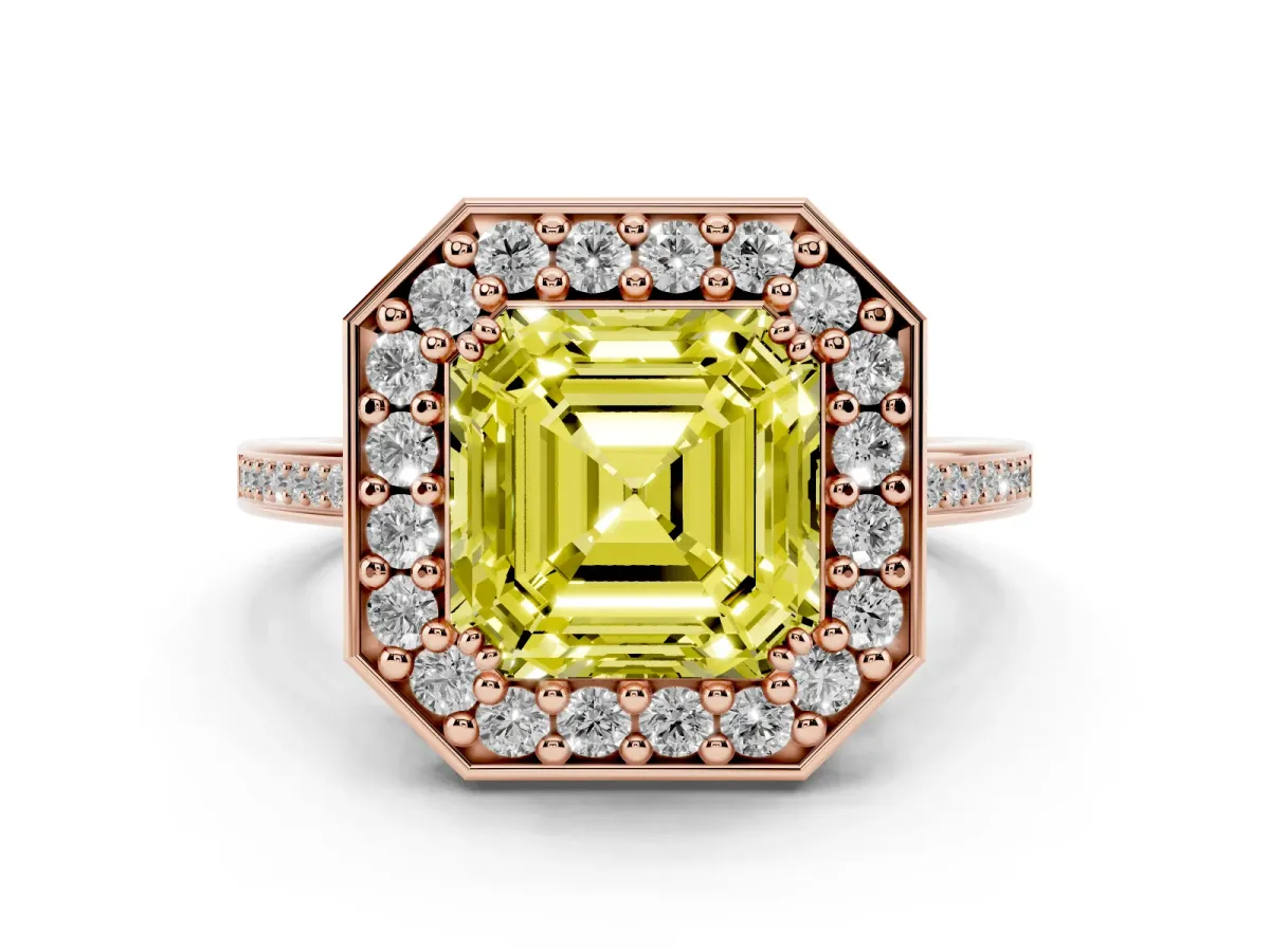 Fancy Yellow Asscher Cut Diamond Halo Ring Set in Rose gold with Accent-Lined Split Shank and Prong Setting