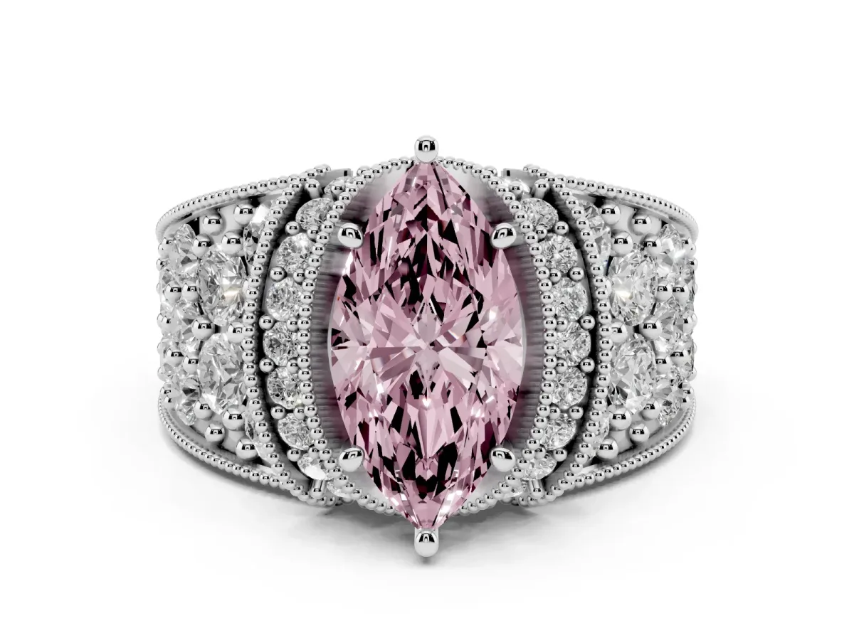 Fancy Pink Marquise Cut Diamond Milgrain Halo Pavé Engagement Ring Set in White gold with Prong Setting