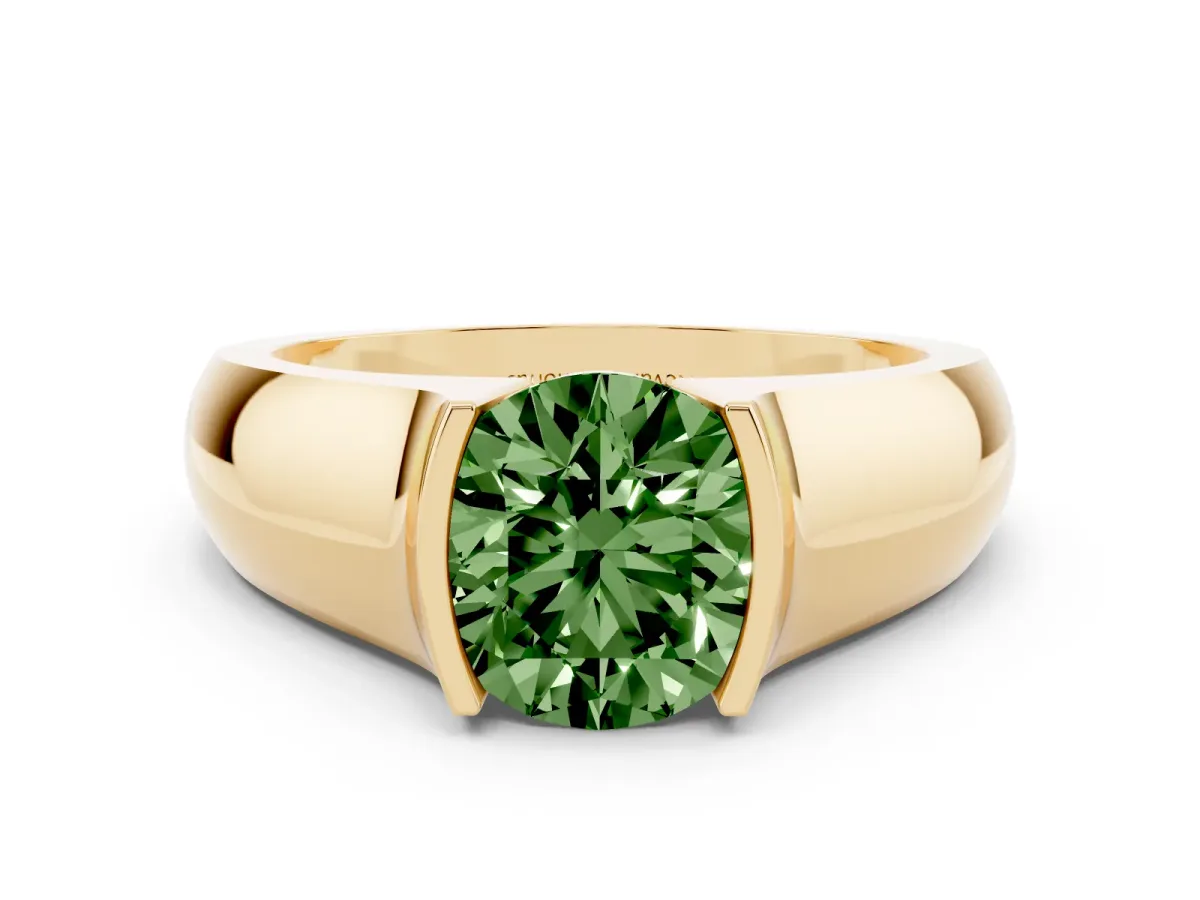 Fancy Green Round Cut Diamond Bezel Solitaire Ring Set in Yellow gold with Wide Band