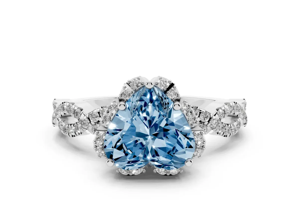 Fancy Blue Heart Cut Diamond Halo Twist Band Solitaire Ring Set in Silver with Prong-Set Center Stone