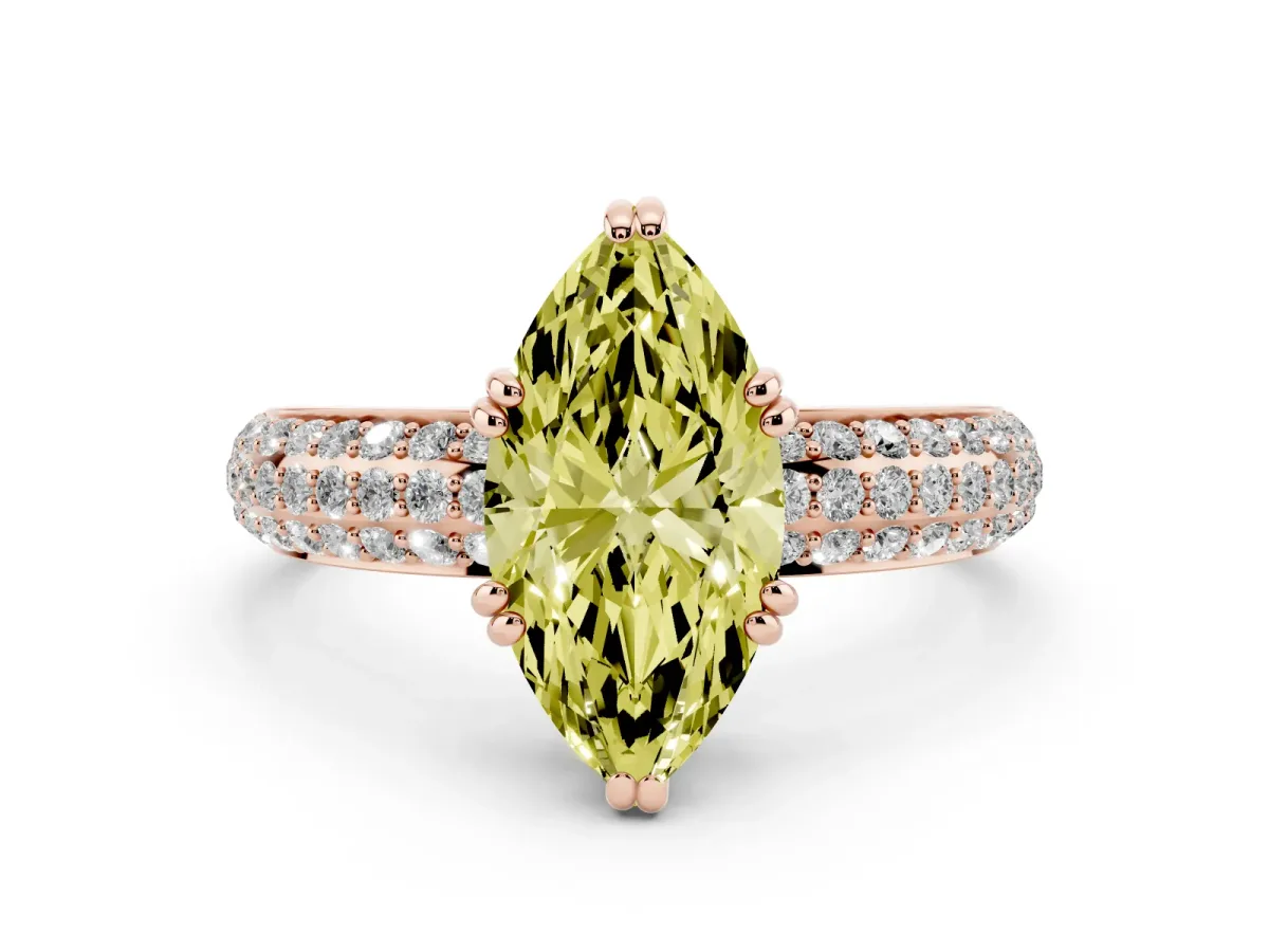 Fancy Yellow Marquise Cut Diamond Solitaire Ring Set in Rose gold with Multi-Row Round Pavé Band and Prong Setting