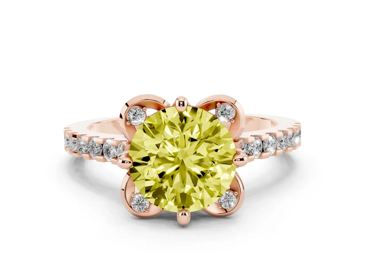 Fancy Yellow Round Cut Diamond Solitaire Ring Set in Rose gold with Pavé Band and Floral Prong Setting