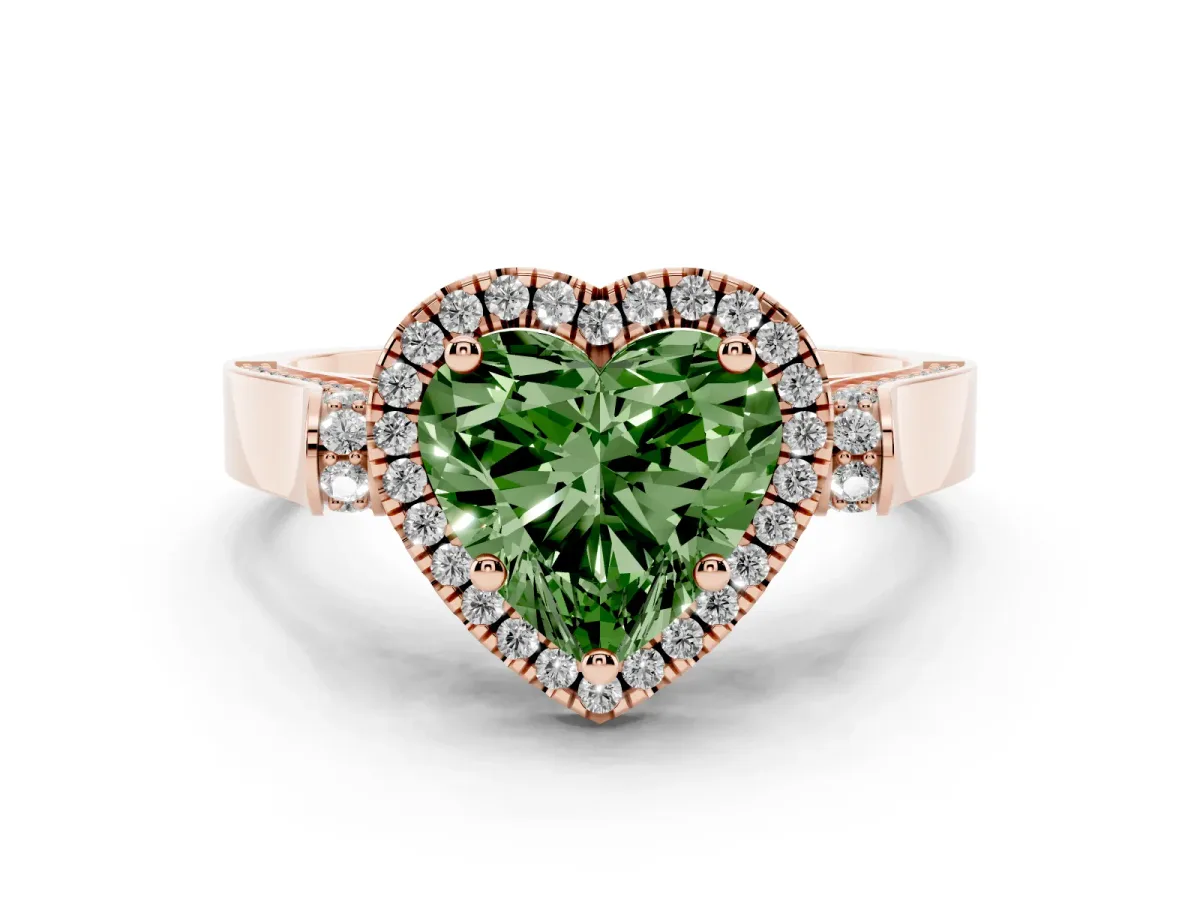 Fancy Green Heart Cut Diamond Halo Ring Set in Rose gold with Twist Band and Pavé Accents