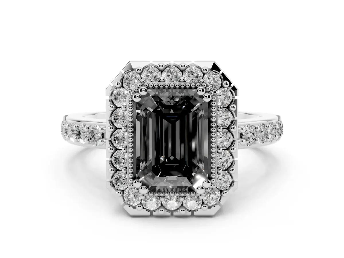 Fancy Black Emerald Cut Diamond Halo Ring Set in Platinum with Pavé Shank and Prong Setting