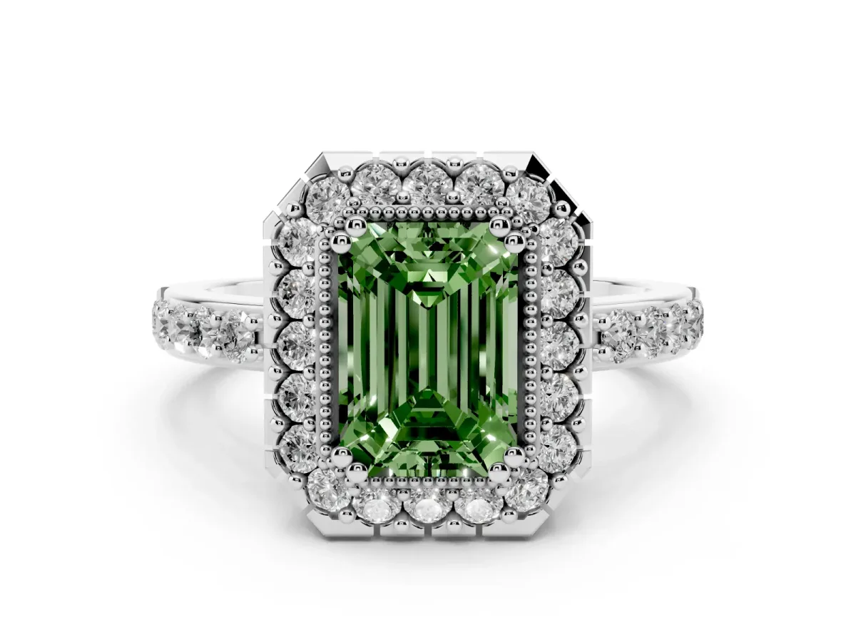 Fancy Green Emerald Cut Diamond Halo Ring Set in Platinum with Pavé Shank and Prong Setting