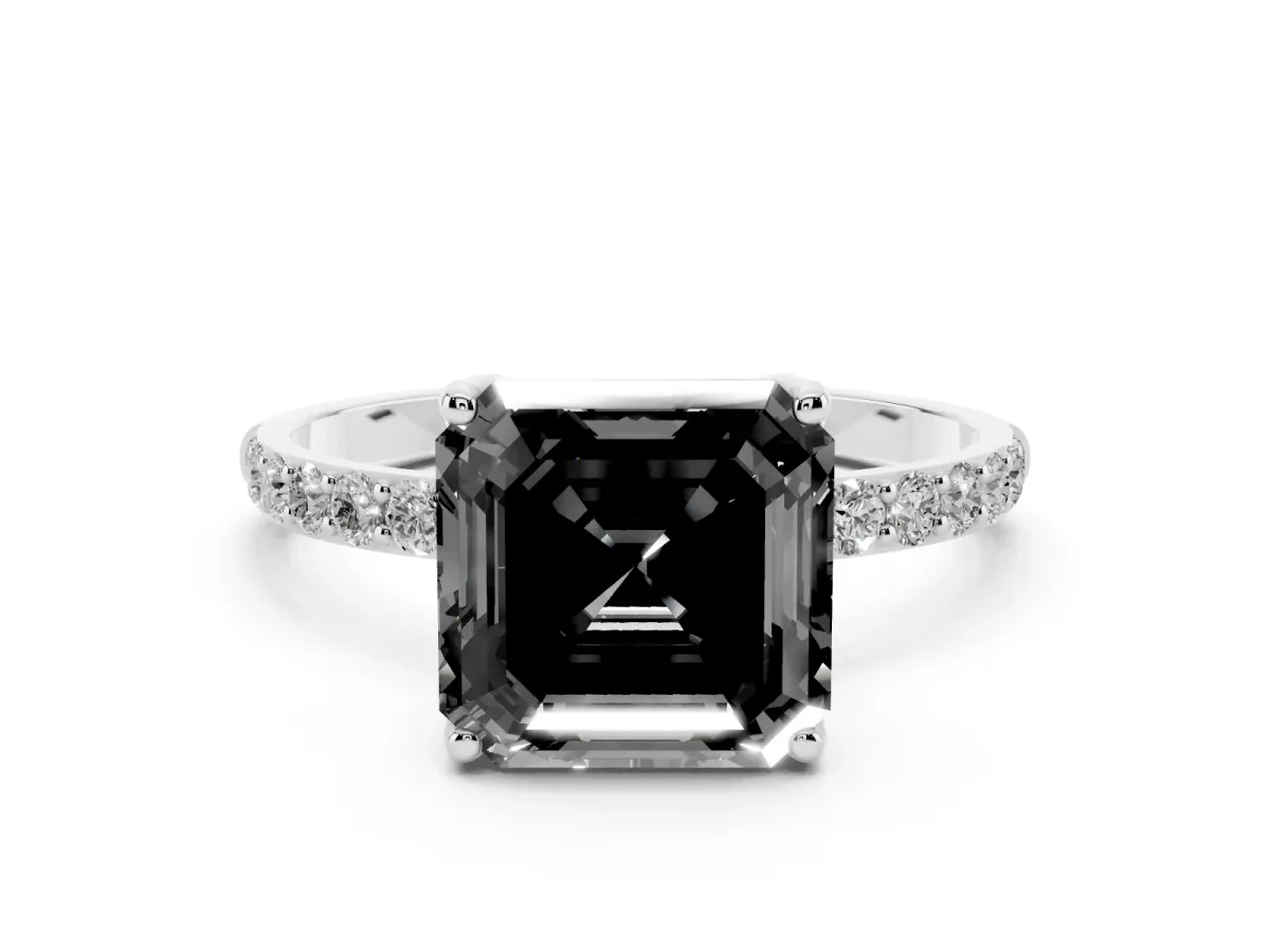 Fancy Black Asscher Cut Diamond Solitaire Engagement Ring Set in Silver with Round Pavé Band and Prong Setting
