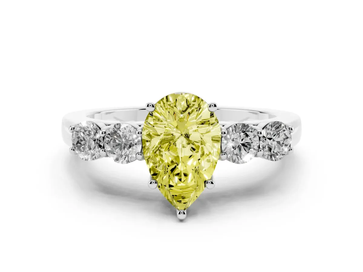 Fancy Yellow Pear Cut Diamond Five-Stone Prong Set Band Ring Set in White gold with Polished Band