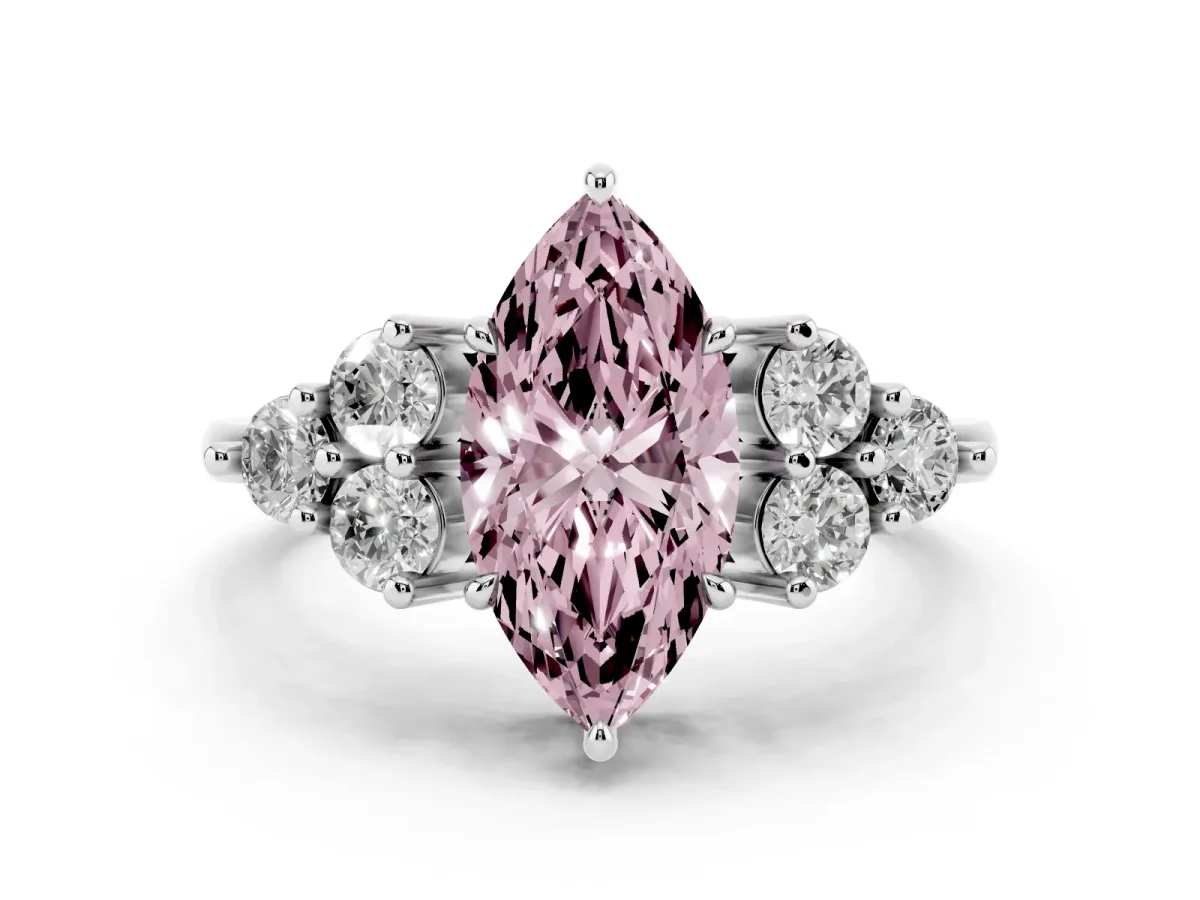 Fancy Pink Marquise Cut Diamond Solitaire Ring Set in White gold with Cluster Accents on Each Side