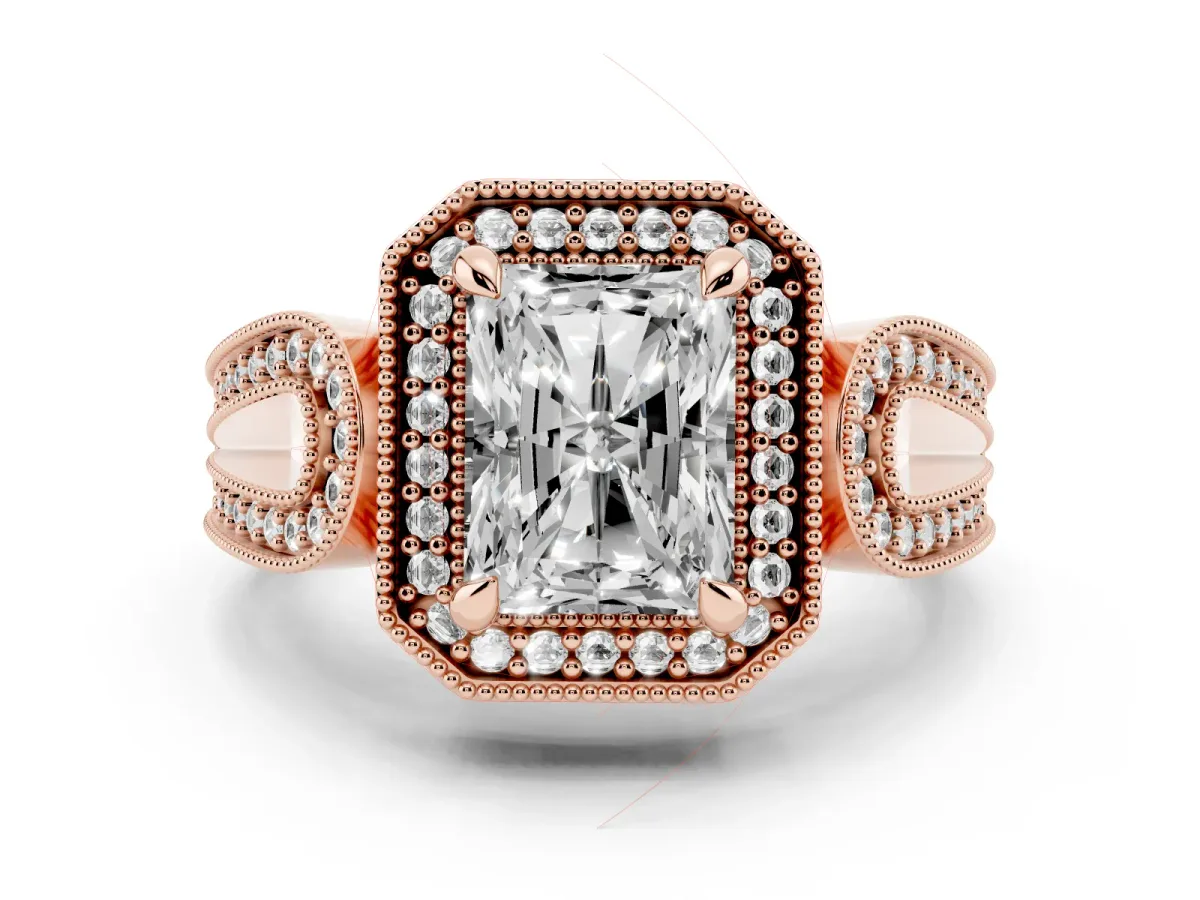 Radiant Cut Diamond Halo Ring Set in Rose gold with Milgrain Accent Split Shank