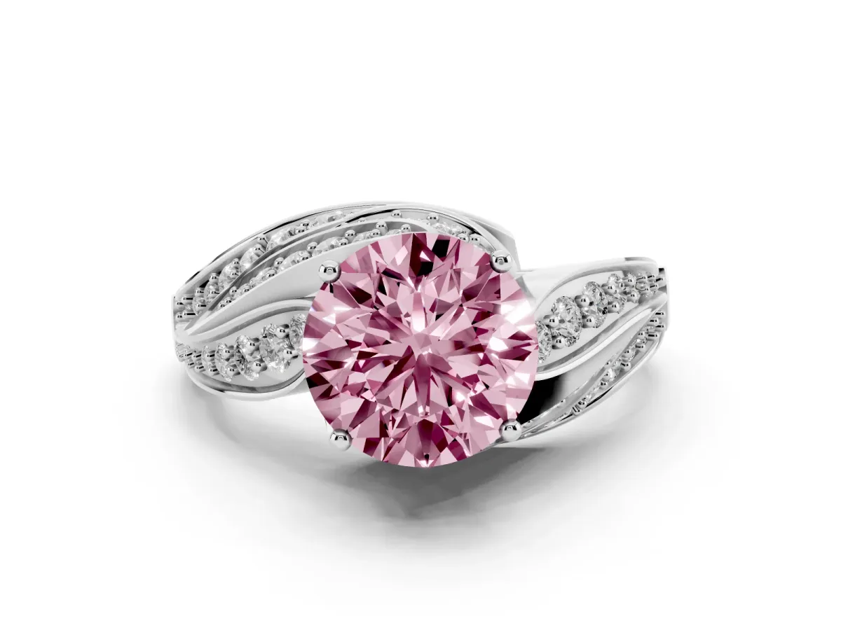 Fancy Pink Round Cut Diamond Solitaire Ring Set in White gold with Layered Twist Pavé Band