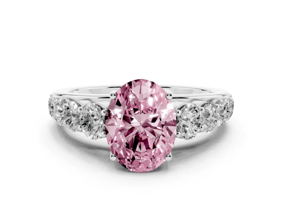 Fancy Pink Oval Cut Diamond Solitaire Ring Set in Platinum with Pavé-Set Band and Prong Setting