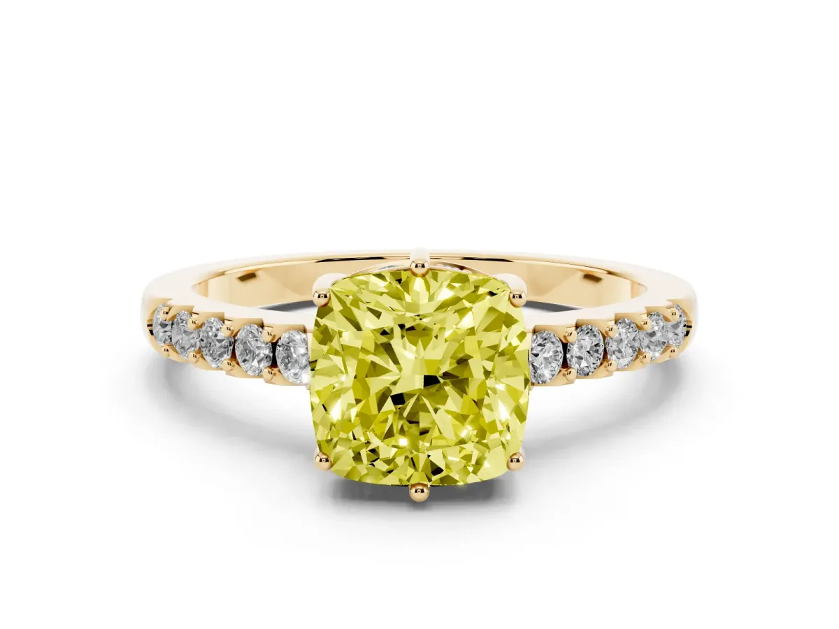 Fancy Yellow Cushion Cut Diamond Solitaire Engagement Ring Set in Yellow gold with Pavé Band and Prong Setting