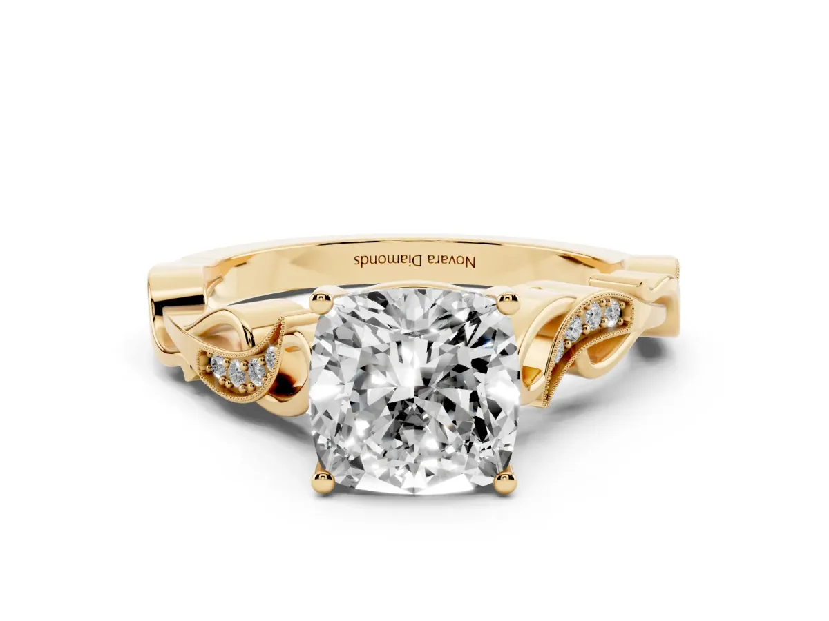 Cushion Cut Diamond Vine Band Solitaire Ring Set in Yellow gold with Milgrain Prong Setting