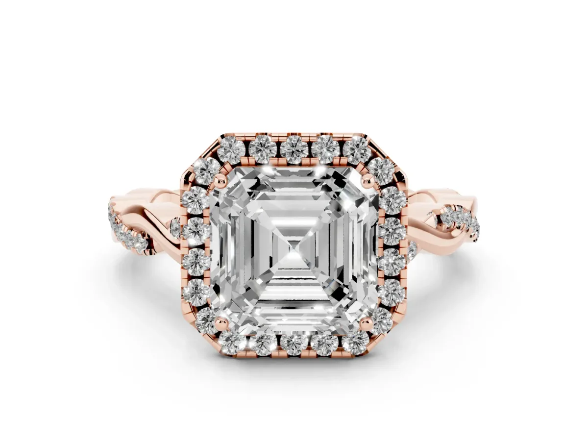 Asscher Cut Diamond Halo Twist Band Solitaire Ring Set in Rose gold with Prong Setting